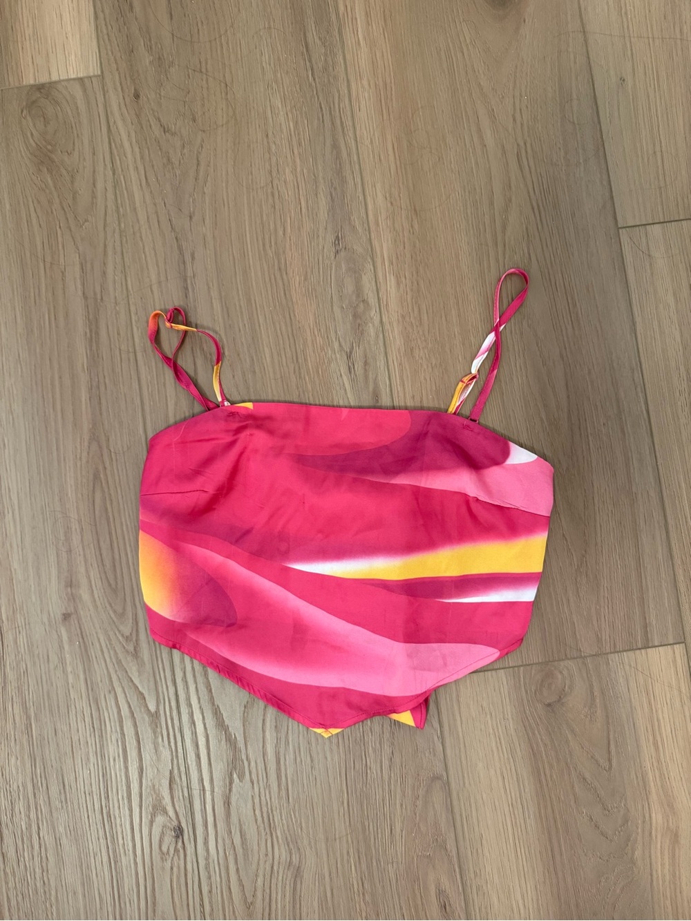 Garage pink and yellow, silk, tie back, crop top. Could be strapless, size XS